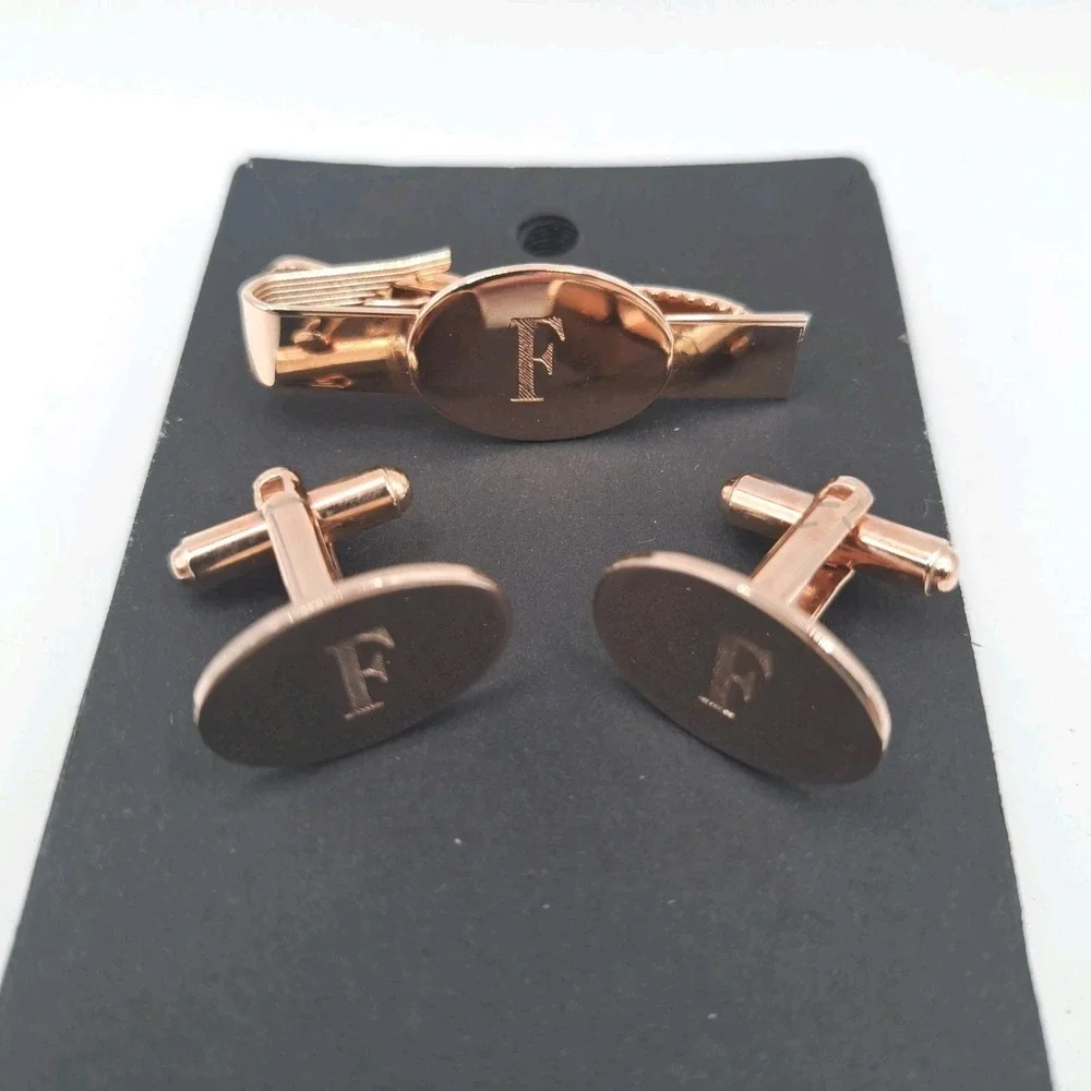 Vintage Monogram 'F' Rose Gold Tone Cufflinks & Tie Clip Set 1.25 Inch